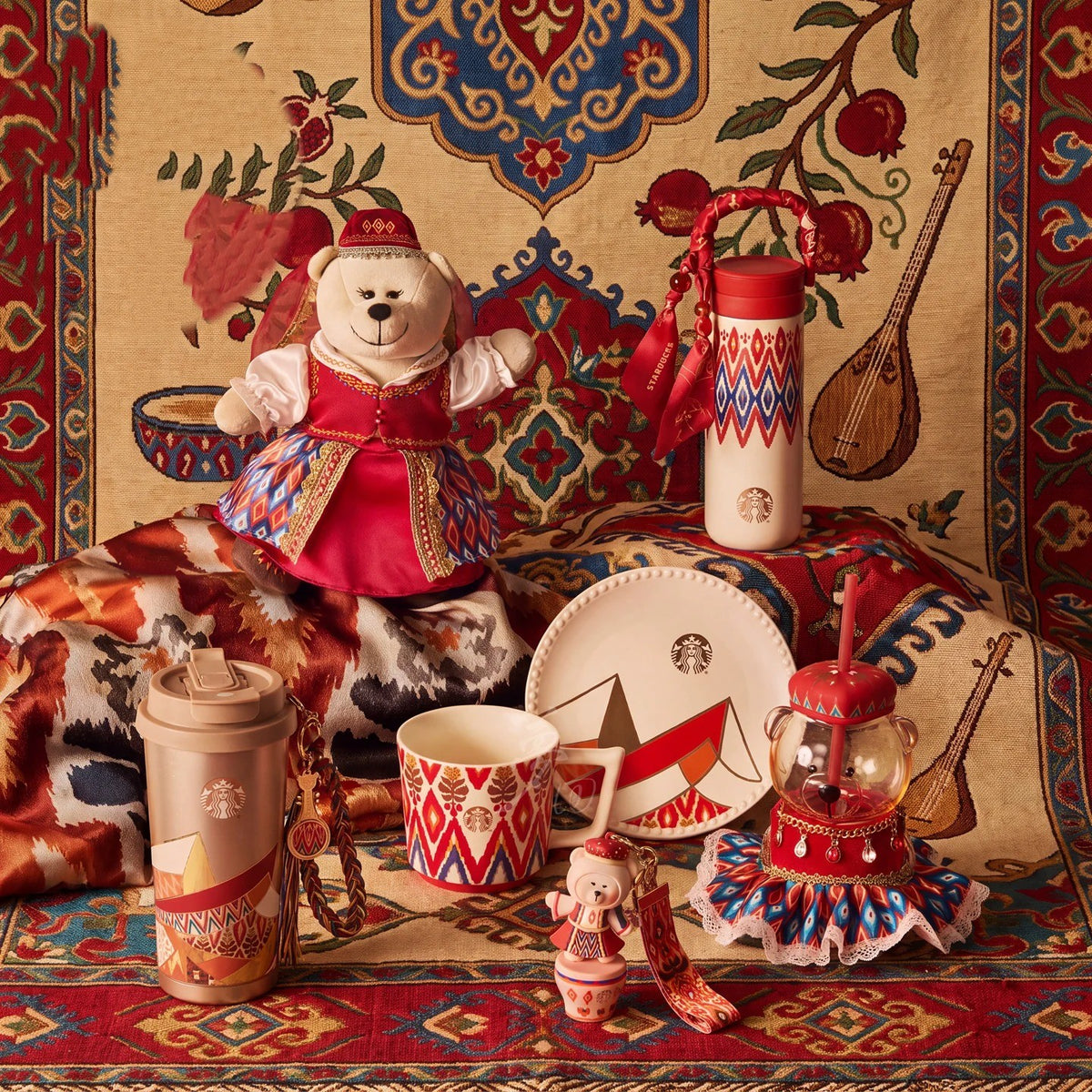 Starbucks Limited Xinjiang Collection Water Bottle, Bearista Plush Doll, Bear-Shaped Glass Straw Cup, Ethnic Pattern Ceramic Mug & Insulated Tumbler, Fridge Magnet & Keychain, Chinese Regional Exclusive Gift Set