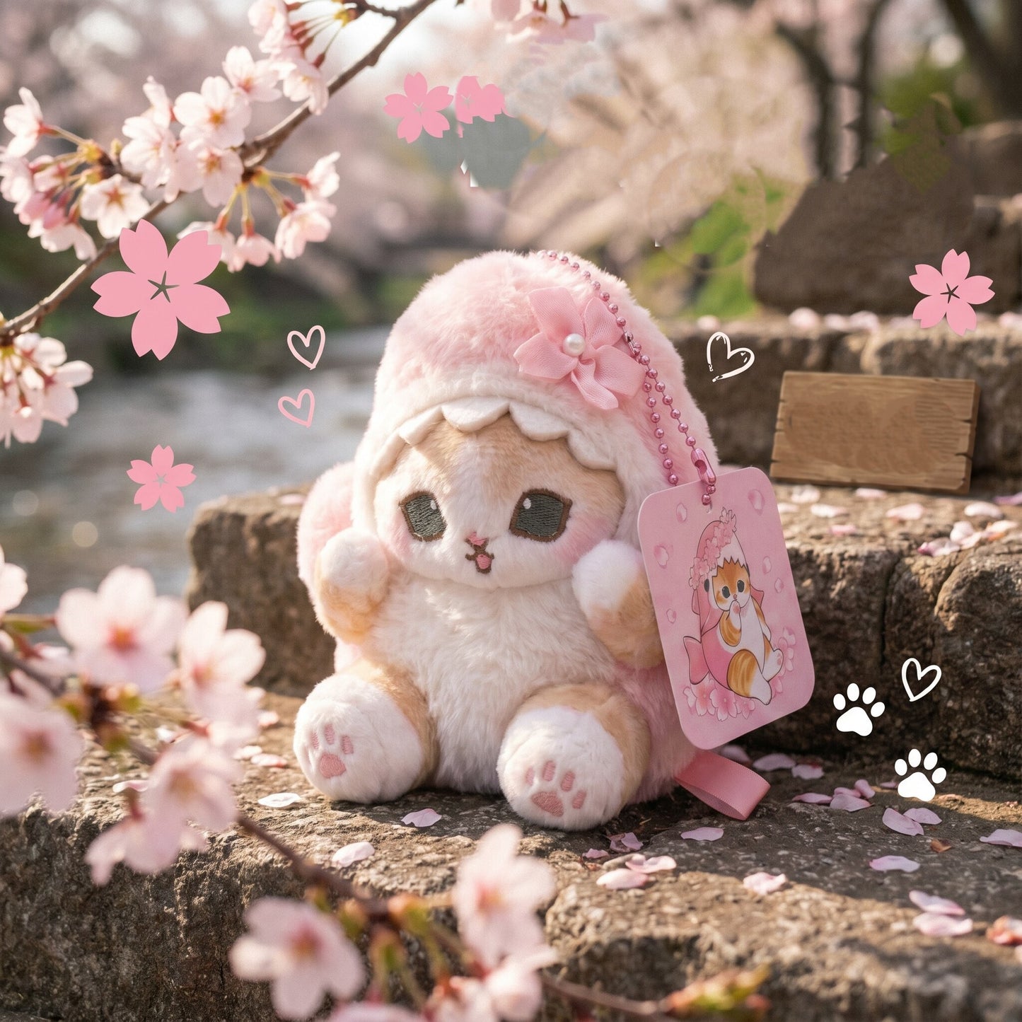 Mofusand Cherry Blossom Pink Series Plush Doll And Keychain Shark Cat Series Retractable Plush Pendant